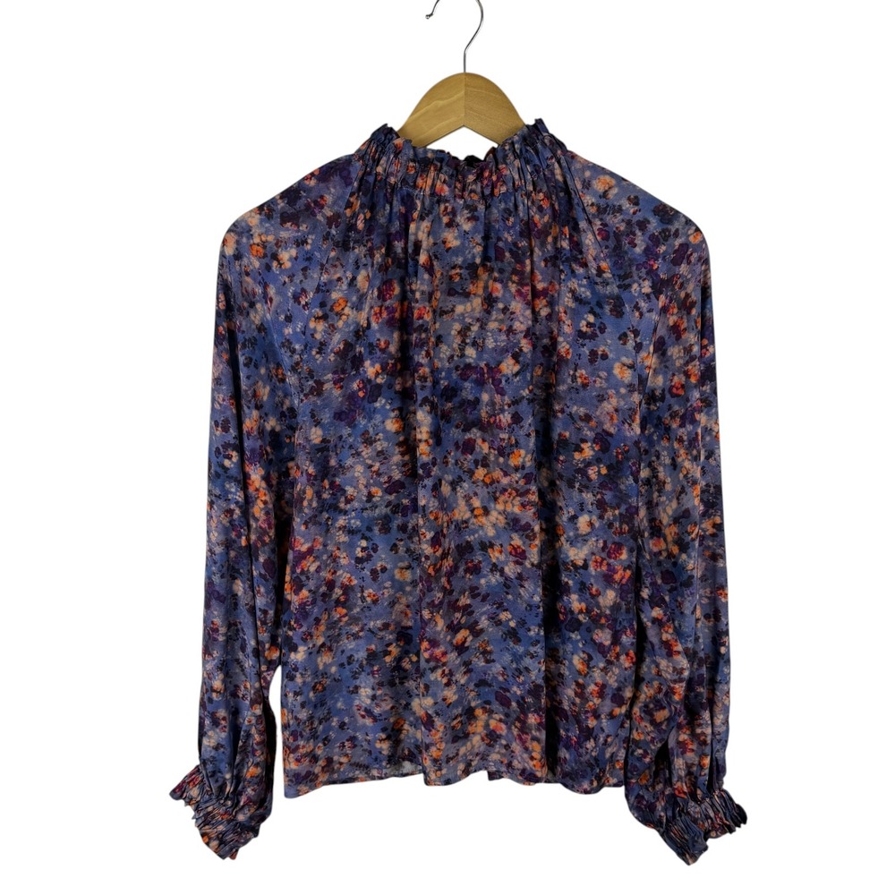 Marie Oliver Silk Blend Abstract Floral Smocked Mock Neck Blouse Large Artsy